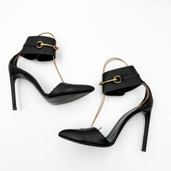 Gucci Black Leather Ursula Horsebit Ankle Cuff Pointed Toe Sandals 11.5 - Picture 2 of 12